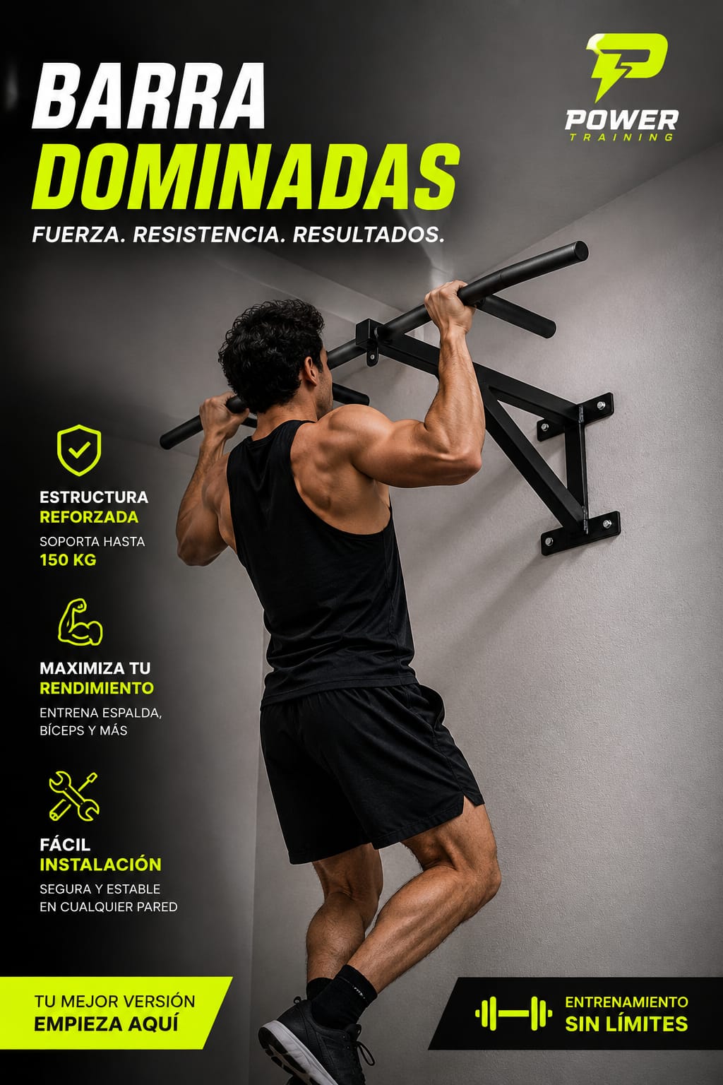 Barra de dominadas Power Training instalada en pared